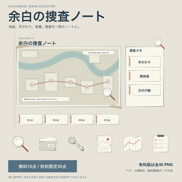 【無料10点】余白の捜査ノート｜TRPG部屋素材・有料追加30点
