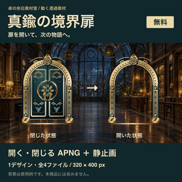 【無料APNG】真鍮の境界扉｜ココフォリア用・開く／閉じる扉＋設定ガイド