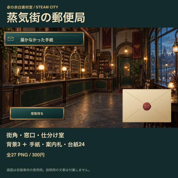 蒸気街の郵便局｜背景3枚＋手紙・案内札・台紙24点｜全27 PNG
