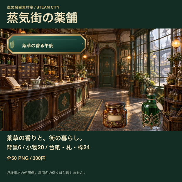 蒸気街の薬舗｜背景6枚＋小物20点＋台紙・札・枠24点｜全50 PNG