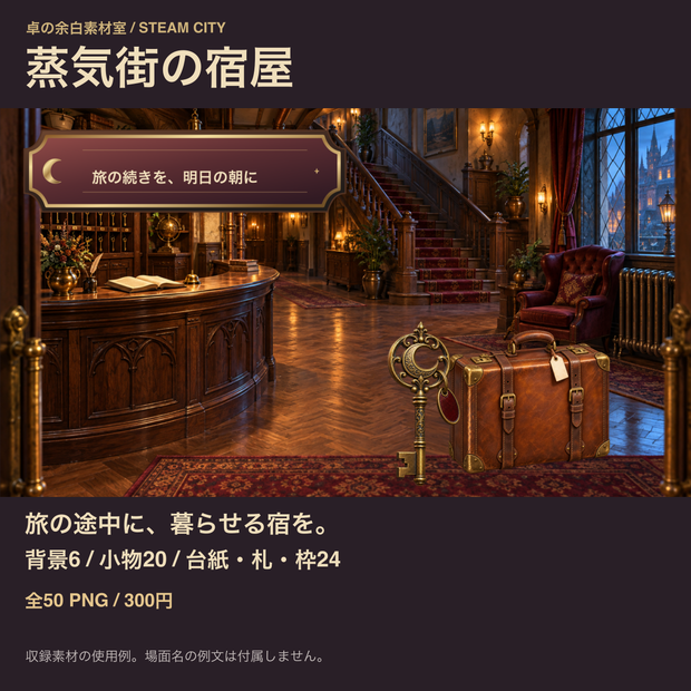 蒸気街の宿屋｜背景6枚＋小物20点＋台紙・札・枠24点｜全50 PNG