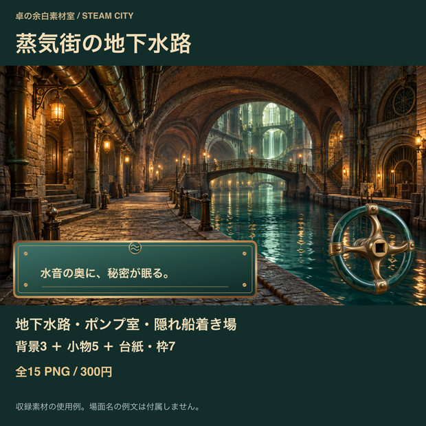 蒸気街の地下水路｜背景3枚＋探索の小物・台紙12点｜全15 PNG