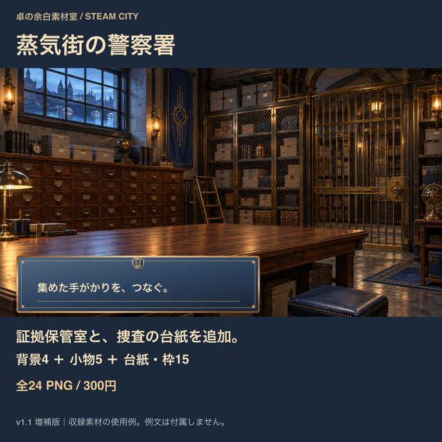 蒸気街の警察署｜背景4枚＋捜査小物5点＋台紙・枠15点｜全24 PNG