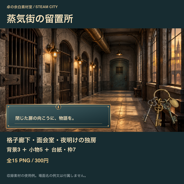 蒸気街の留置所｜背景3枚＋面会小物・台紙12点｜全15 PNG