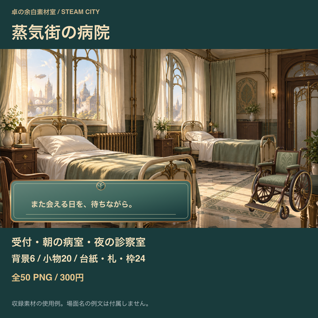 蒸気街の病院｜背景6枚＋小物20点＋台紙・札・枠24点｜全50 PNG