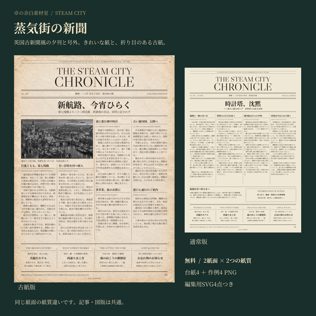【無料】蒸気街の新聞｜通常紙・古紙の夕刊と号外｜8 PNG＋SVG