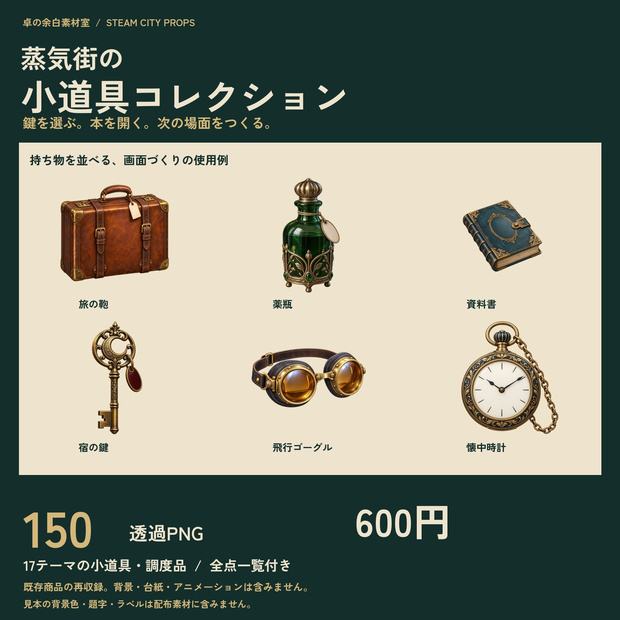 蒸気街の小道具コレクション150｜暮らし・探索・機巧の透過PNG