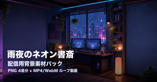 【配信用背景】雨夜のネオン書斎｜VTuber/OBS向け背景素材＋ループ動画