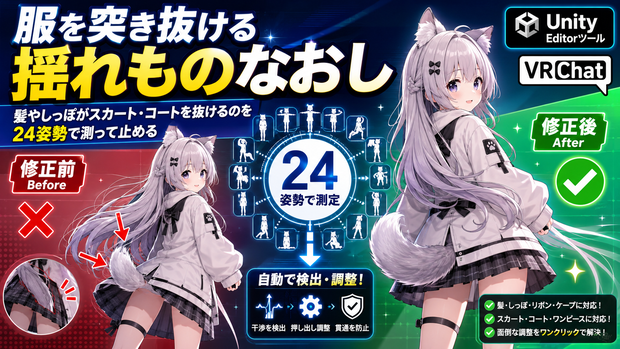 服を突き抜ける揺れものなおし - 髪やしっぽがスカート・コートを抜けるのを24姿勢で測って止める