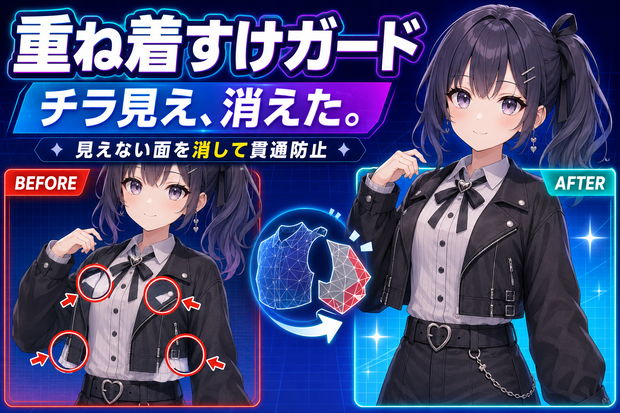 重ね着すけガード - 上着から下の服がチラチラ出るのを見えない面を消して止めるUnityツール【VRChat】【JA,EN,KO】