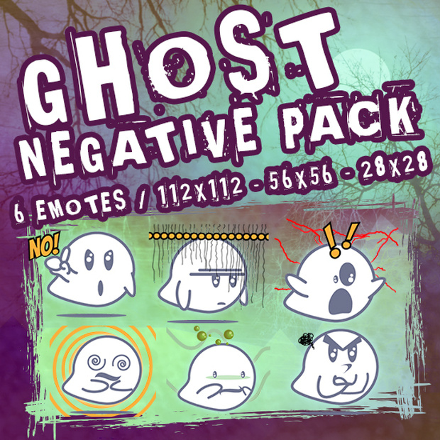 [6 Twitch/Discord Emotes] Cute Ghost Bouh Negative Pack - Spooky Ghost Expressions (PNG Transparent)