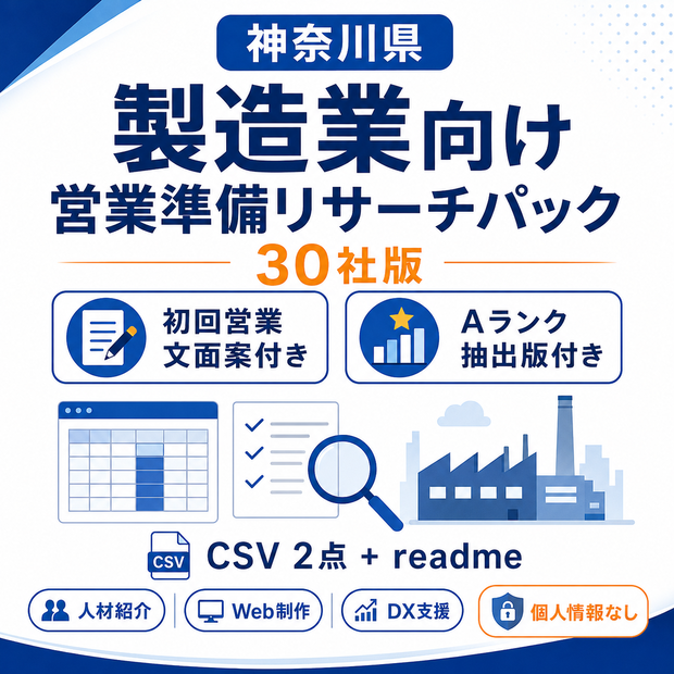 神奈川県 製造業向け 営業準備リサーチパック 30社版｜初回営業文面案付き
