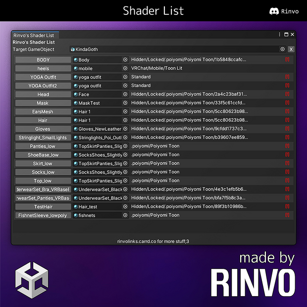 Rinvo's Shader List - Unity tool for Quest Avatar Creators