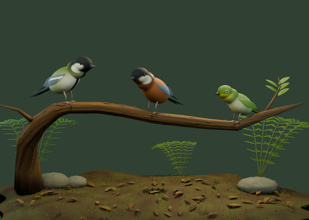 登山道の小さな出会い｜野鳥3種・しぐさ付き3D素材【Blender / GLB】