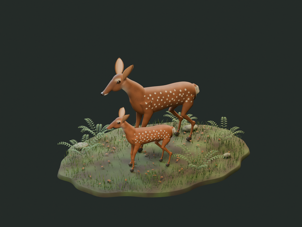 木漏れ日の親子｜母ジカと子ジカ・しぐさ付き3D素材【Blender / GLB】