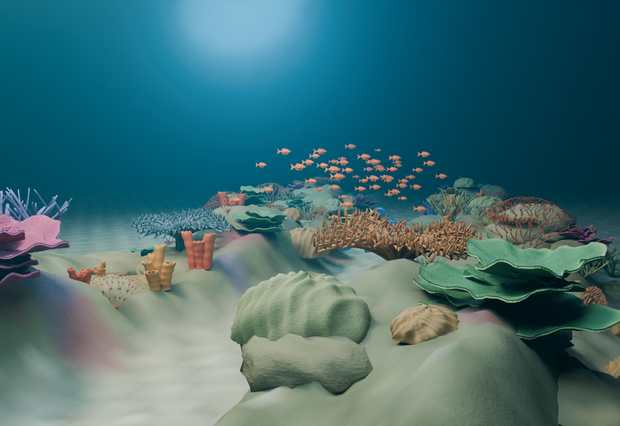 光の浅瀬｜サンゴ礁と65匹の魚・水中3D素材【Blender / GLB】