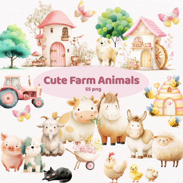 牧場の動物たちのイラスト素材セット🐷🐔