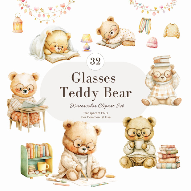 本が大好き めがねのテディベア：Glasses Teddy Bear