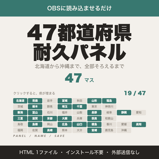 【OBS用】47都道府県耐久パネル｜クリックで埋まる都道府県耐久・リスナー名つき【無料版あり】