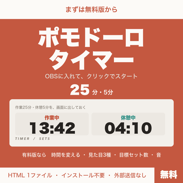 【無料】【OBS用】ポモドーロタイマー｜作業配信・勉強配信に 25分/5分