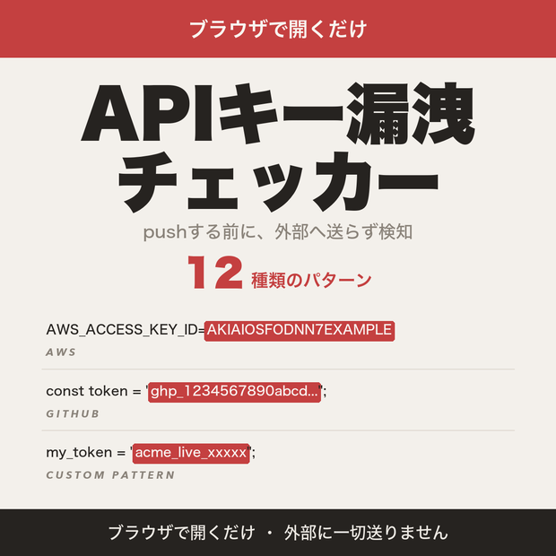 APIキー漏洩チェッカー｜pushする前にこの端末だけで検知・12種のパターン検出【無料版あり】