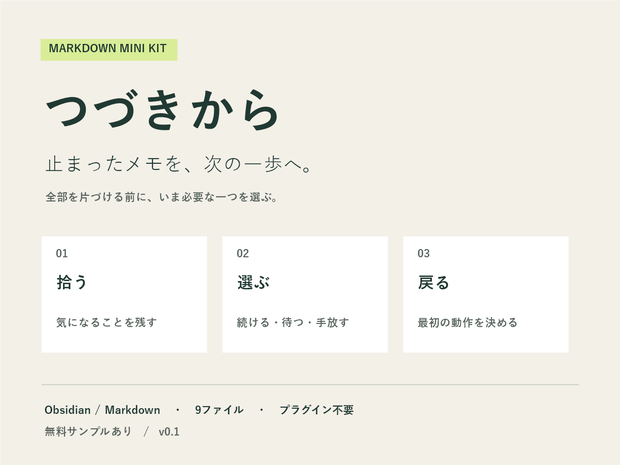 つづきから｜止まったメモを再開するミニキット【Obsidian・Markdown／プラグイン不要】