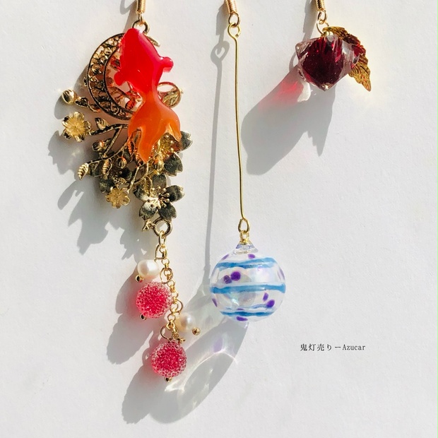 紅金魚と鬼灯と水玉模様のヨーヨー和風ピアス イヤリング(初夏コーデ3