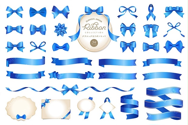 クラシックなリボンイラスト34種セット【青】 - ricoricobooth - BOOTH