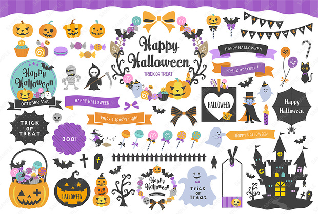 ハロウィンのイラストとフレームあしらいセット