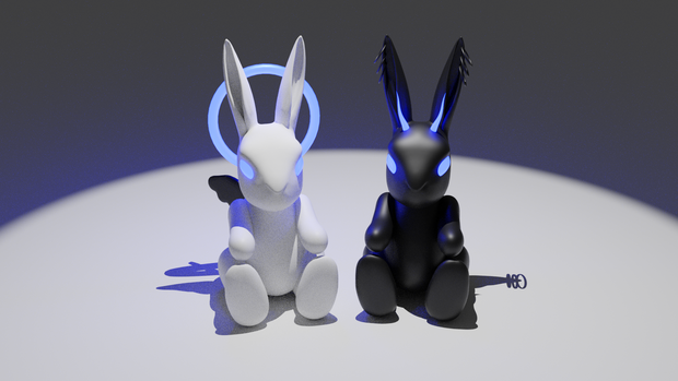 【3Dモデル】動くウサギの置物～天使ウサギと悪魔ウサギのセット～