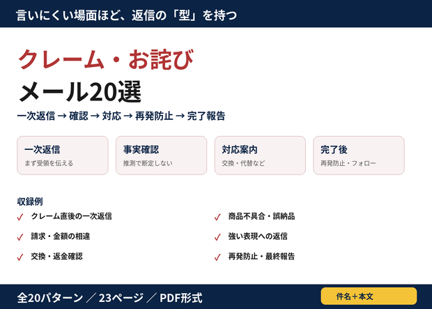 クレーム・お詫びメール20選｜一次返信・事実確認・交換対応・再発防止まで使えるBtoB顧客対応テンプレート