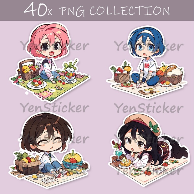 Cute digital design for sticker bundle (40P), Little girl picnic- かわいい ...