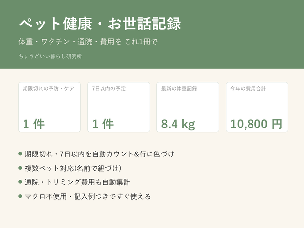 ペット健康・お世話記録 Excelテンプレート|体重・ワクチン・通院・費用をこれ1冊で