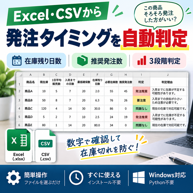 Excel・CSVで在庫切れをチェック｜在庫・発注判断ツール【Windows対応】