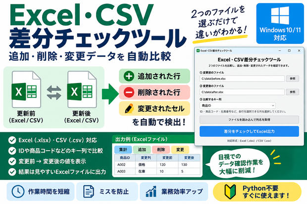 Excel・CSV差分チェックツール｜追加・削除・変更データを自動比較