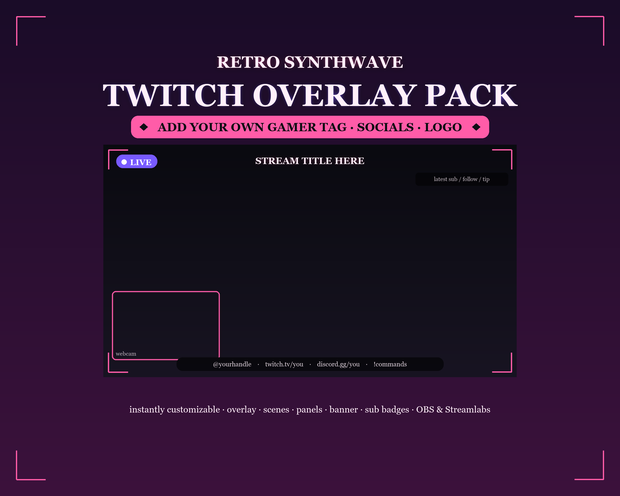 Retro Synthwave Twitch Overlay Kit / レトロシンセウェーブ