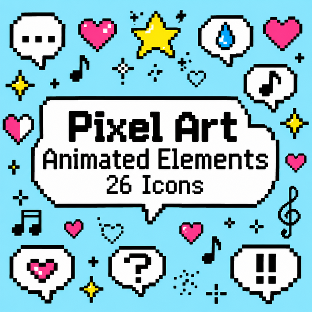 【MOV / AEP / MOGRT】8bitドット絵タッチのアニメーション素材 全26種セット｜背景透過MOV・After Effectsプロジェクト・Premiere Pro MOGRT