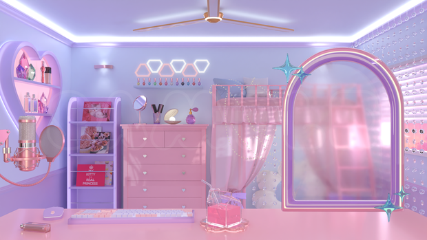 【配信素材】 Vtuber room pink desk set up assets 【Vtuber向け】 Live streaming vtuber background
