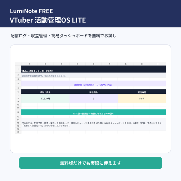 【無料】VTuber・配信者向け 活動管理OS LITE｜配信ログ・収益管理・簡易ダッシュボード｜Excel