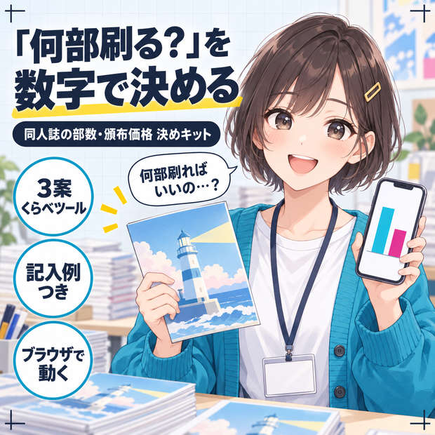 同人誌の部数と頒布価格の決め方キット｜刷る前に赤字と残部を3案で比べる計算ツール＋ワークシート