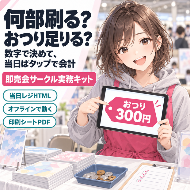 即売会サークル実務キット｜部数・価格・釣り銭プランナー＆当日レジ（オフラインHTML）＋印刷用シート