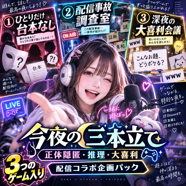    【配信・Discord用】今夜の三本立て｜正体隠匿・推理・大喜利のコラボ企画パック（配信画面HTML付き・3〜8人）