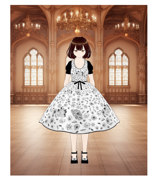 黒の花柄のモデルの白いドレス - White dress with black floral print