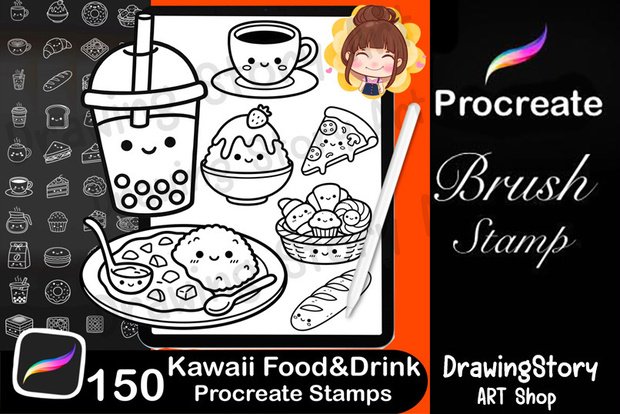 150 Kawaii Food Drink Procreate Stamps | Planner Icons, Dessert Coffee Brushes (Digital Download)