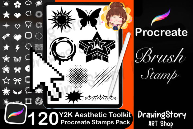 120 Procreate Y2K Shape Stamps – Retro Star, Bubble, Cyber Brushes (Digital Download)