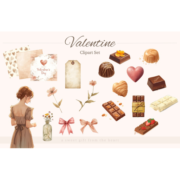 【Valentine Clipart Set】 淡色×水彩 バレンタイン素材20点｜PNG背景透過