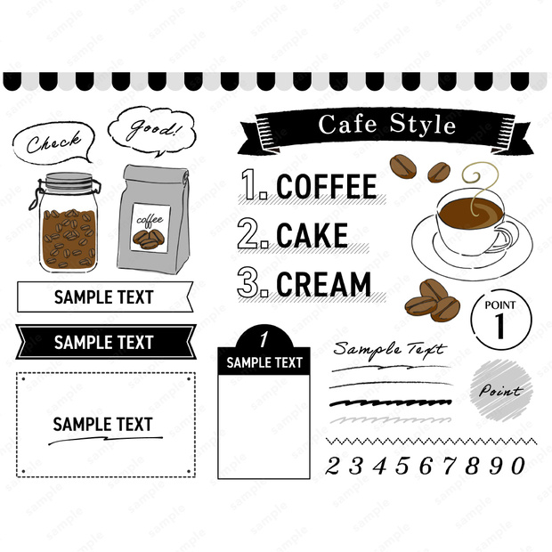 カフェスタイルのシンプルなあしらいフレーム イラスト コーヒー モノクロ