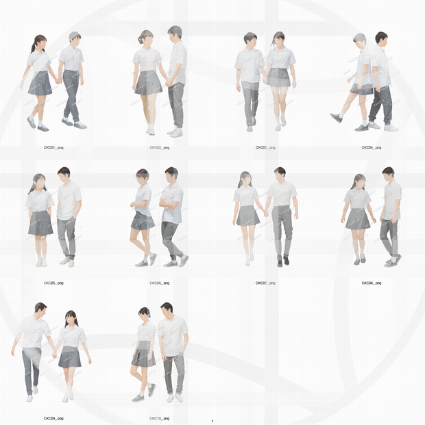 中高生 制服カップル 建築CGパース用人物添景 イラスト素材セット　　10カット