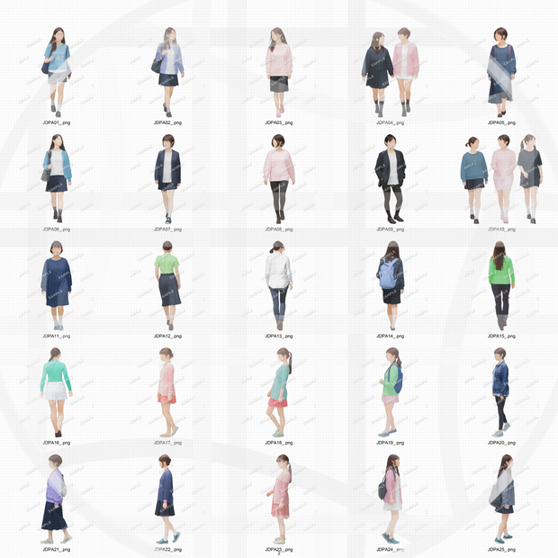 大学生 私服A 建築CGパース用人物添景 イラスト素材セット　　50カット