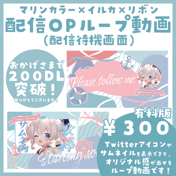 【カラバリ有 │ 動く配信待機画面】マリンカラー×イルカ×リボンの待機画面【配信OP素材】